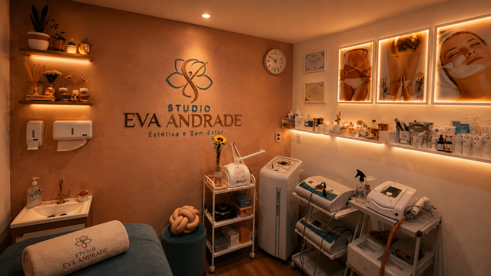 Sala de tratamentos do Studio Eva Andrade com equipamentos de estética e bem-estar