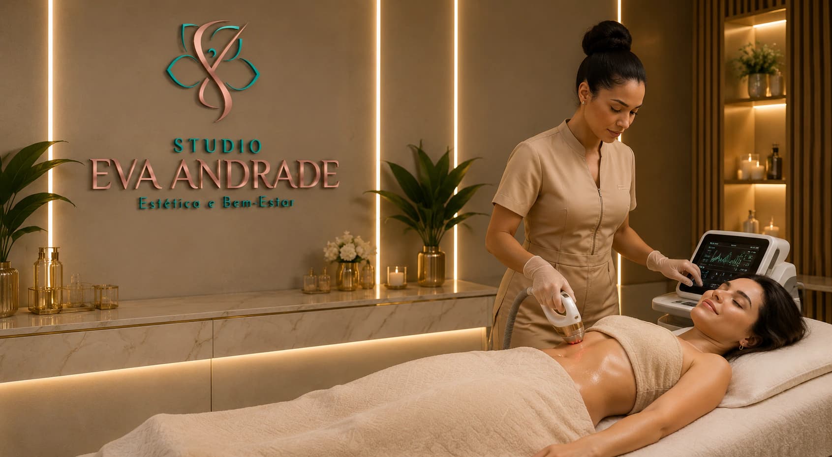 Cliente recebendo tratamento estético com tecnologia profissional no Studio Eva Andrade
